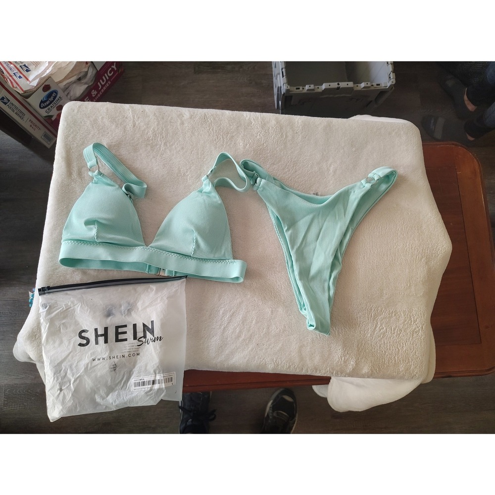 SHEIN Swim Mint‎ Green Ribbed Triangle Bikini Set High Cut Two Piece Size Small